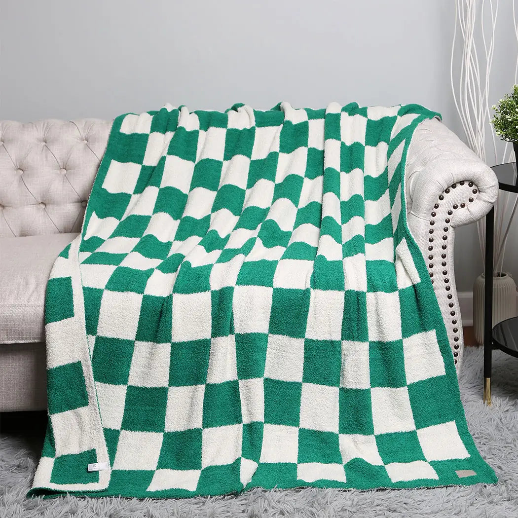 Comfy Luxe Green Checkerboard Patterned Throw Blanket