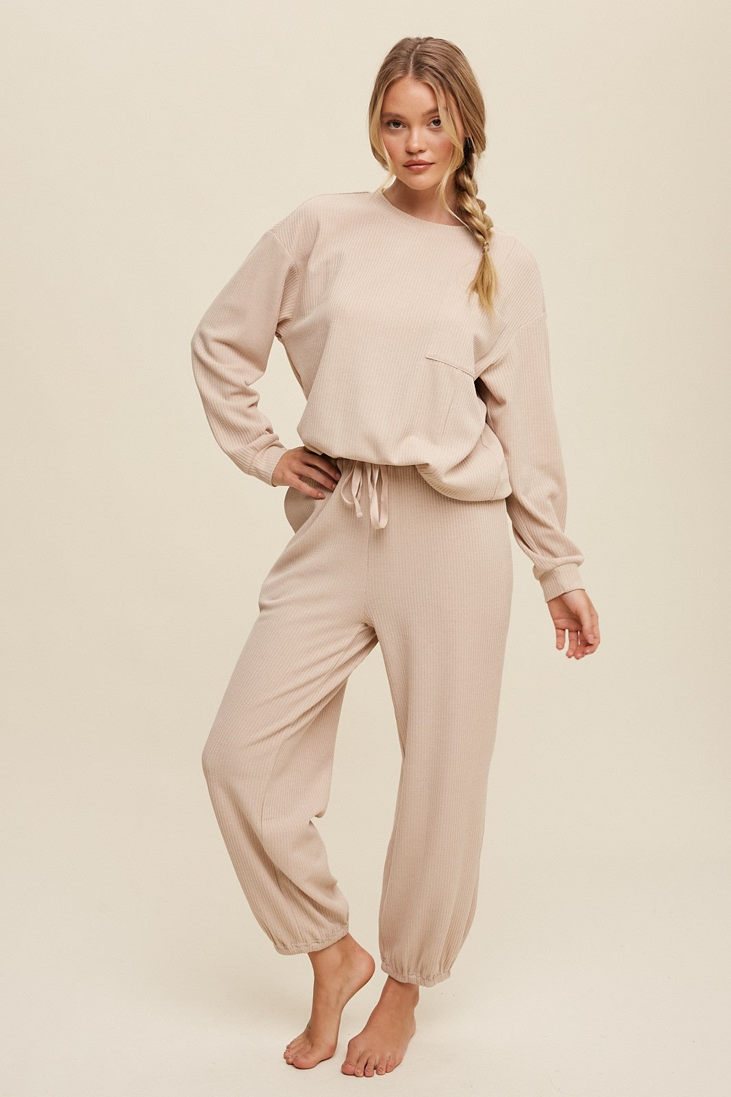 Listicle Waffle Knit Long Sleeve Top and Jogger Pants Set