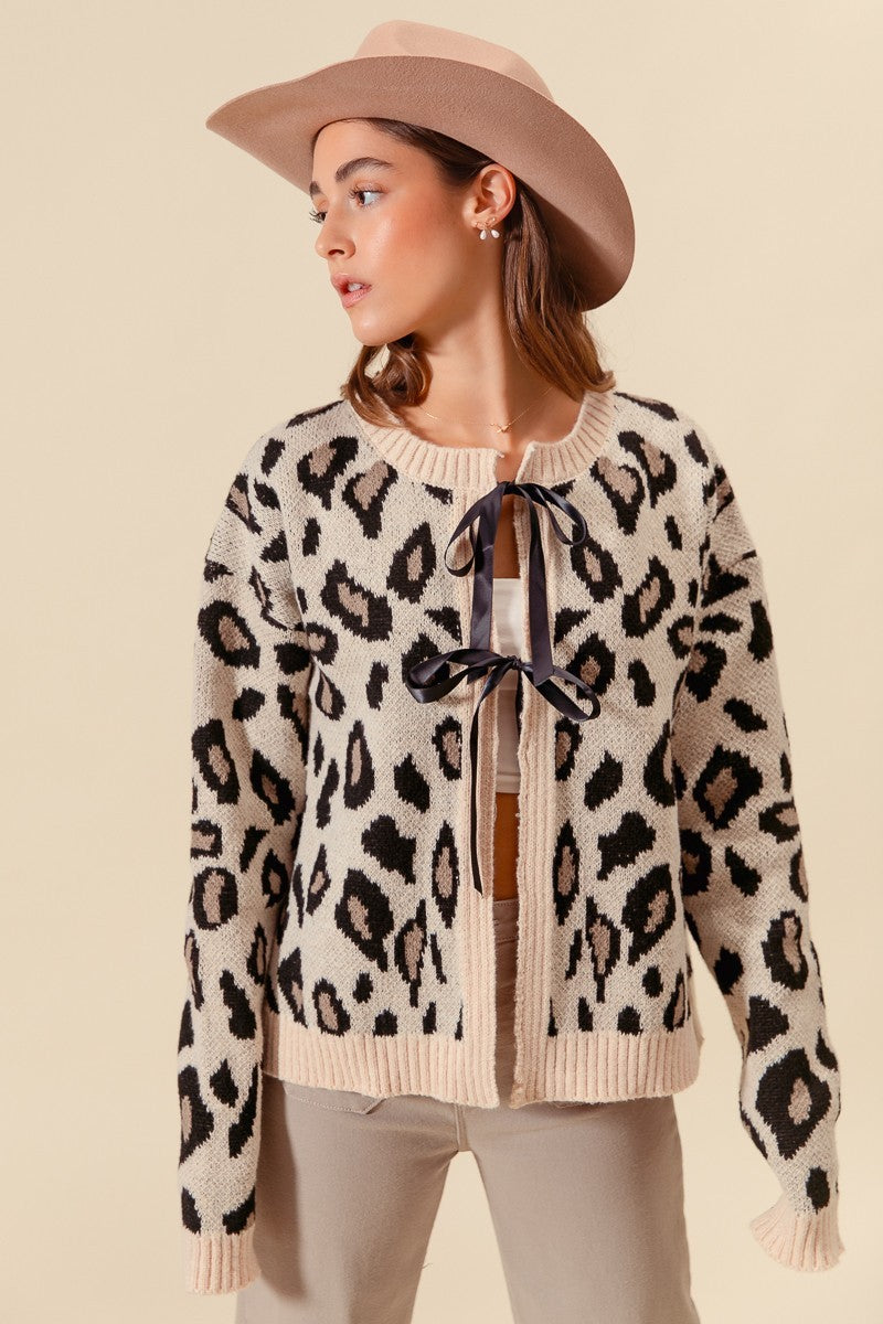 Front Bow Tie Leopard Sweater Cardigan