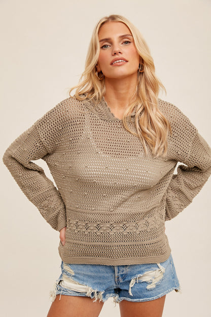 H&T Open Crochet Textured Sweater Hoodie