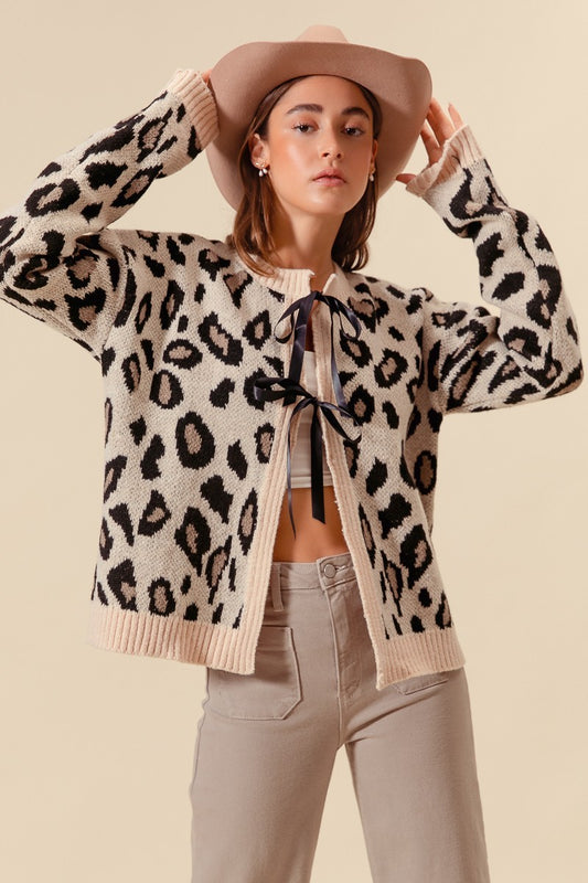 Front Bow Tie Leopard Sweater Cardigan