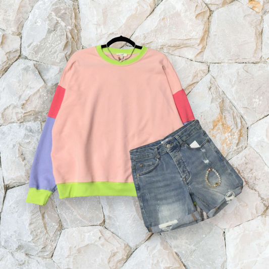 ‘Easel’ Pink, Blue & Green Colorblock Pullover