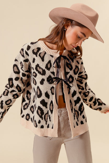 Front Bow Tie Leopard Sweater Cardigan