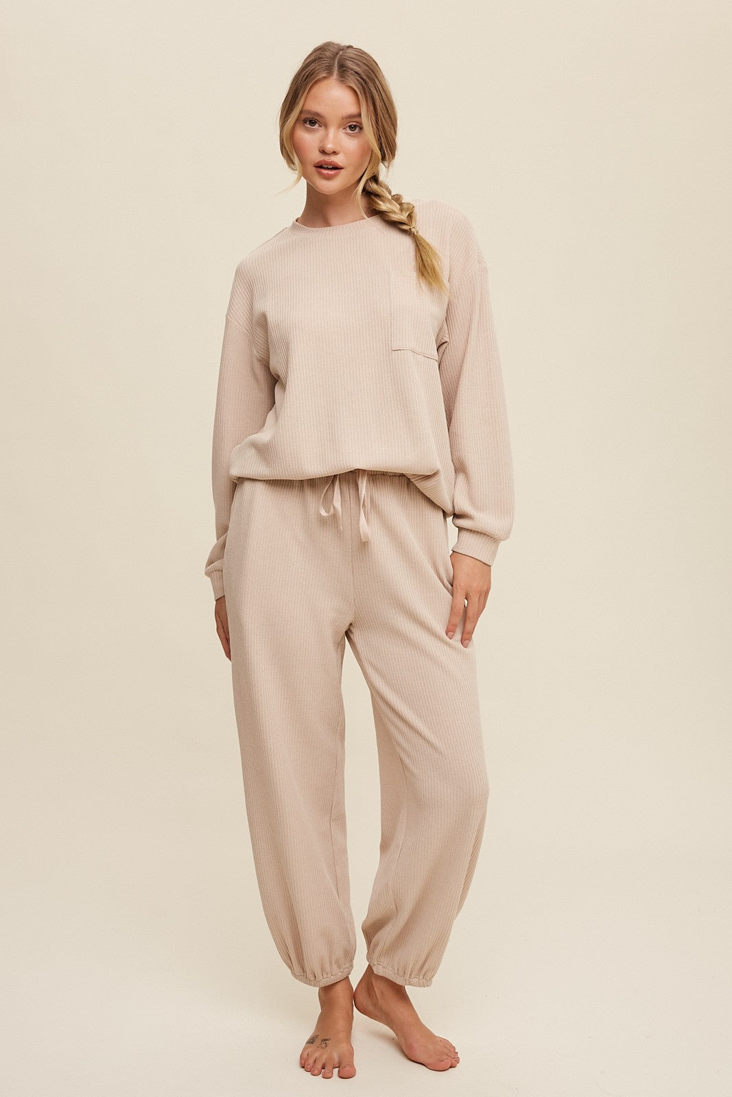 Listicle Waffle Knit Long Sleeve Top and Jogger Pants Set