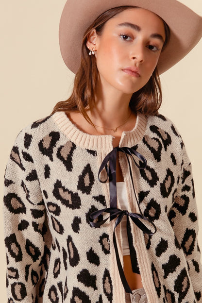 Front Bow Tie Leopard Sweater Cardigan