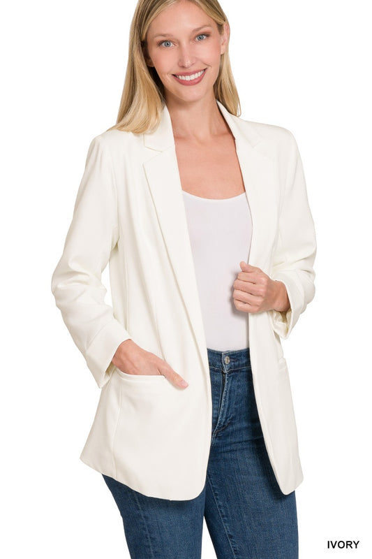 Zenana Woven Long Sleeve Open Front Classic Blazer